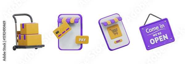 Fototapeta Online store and digital payment 3D icon set, Transparent Background