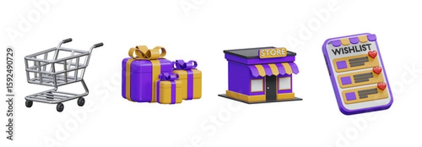 Fototapeta 3D online shopping and retail store elements, Transparent Background