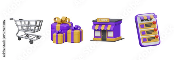 Fototapeta 3D online shopping and retail store elements, Transparent Background