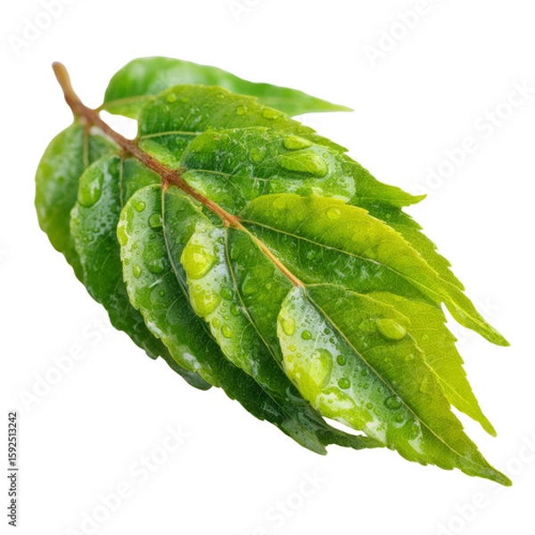 Fototapeta Transparent water droplets on green leaves nature scene close-up fresh environment macro view