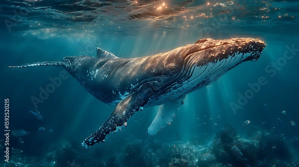 Fototapeta an image of whale in a light ocean, realistic photography
