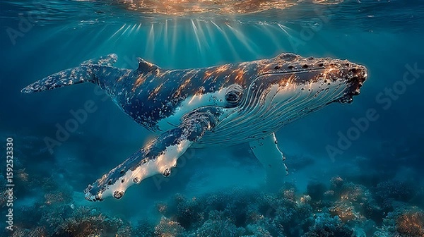 Fototapeta an image of whale in a light ocean, realistic photography