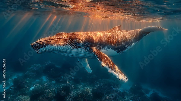 Fototapeta an image of whale in a light ocean, realistic photography