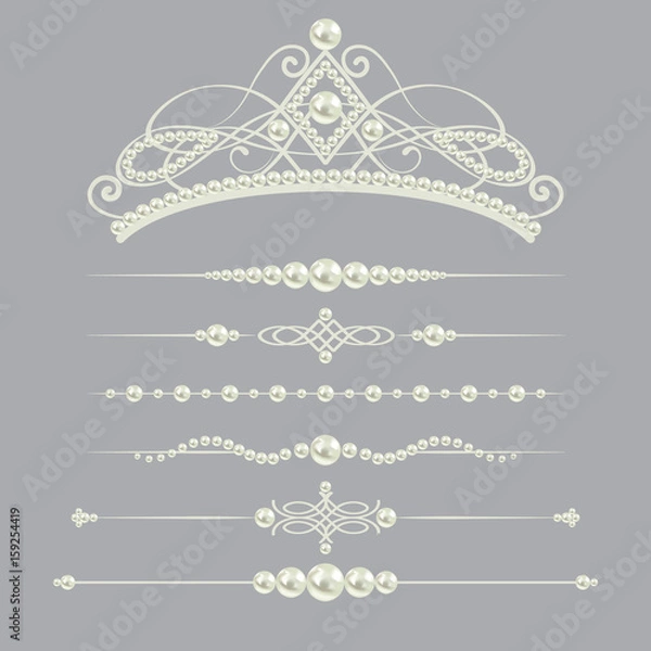 Obraz white realistic pearl dividers set collection with diadem isolated on grey background. vector illustration.