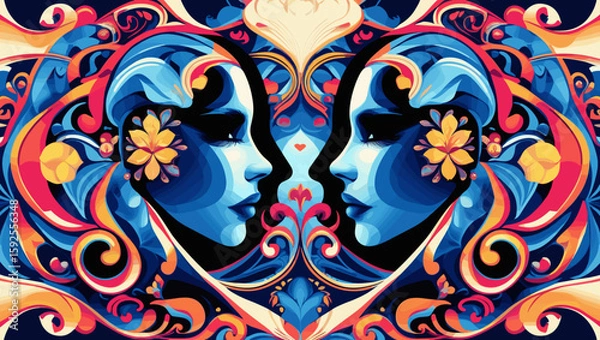 Obraz Vibrant artistic portrait of two faces surrounded by decorative patterns