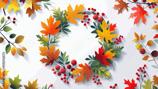 Obraz Autumn wreath made of colorful leaves and berries on a white background