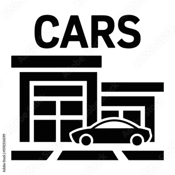 Obraz A black and white illustration of a car parked in front of a car dealership building with cars text