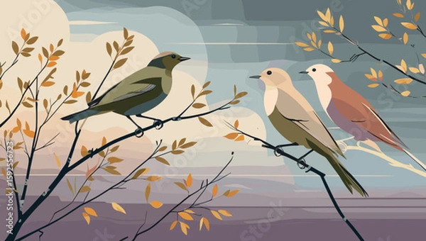 Obraz Stylized birds sitting on branches with autumnal leaves and soft background