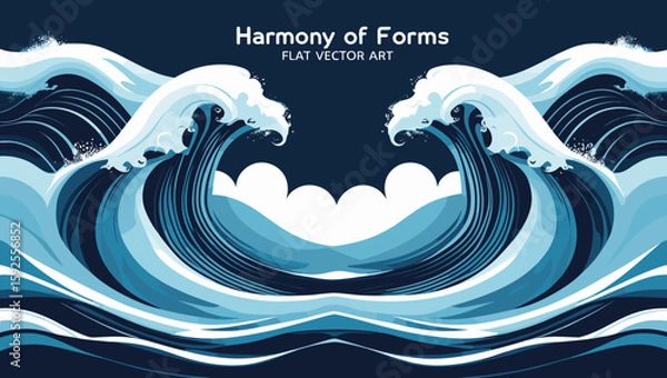 Obraz Stylized ocean waves in blue tones with text "Harmony of Forms"