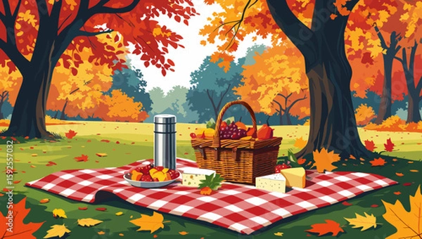 Obraz Autumn picnic setup with food, basket, and vibrant fall foliage