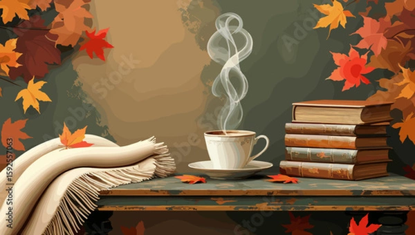 Obraz Cozy autumn scene with steaming coffee cup, books, and falling leaves