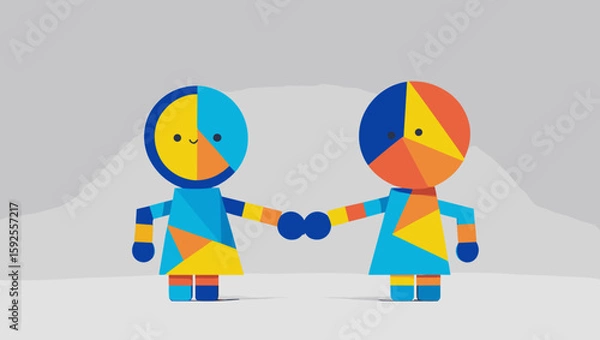Obraz Colorful geometric characters holding hands in playful design