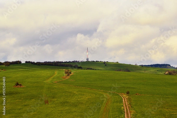 Fototapeta Hazy Meadow Landscape with Hills and Path Under Cloud Cover