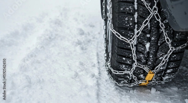 Fototapeta Car tire with snow chains on snowy ground for winter safety
