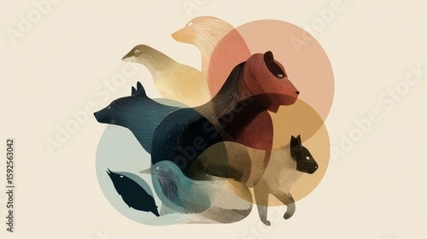 Fototapeta Colorful geometric animal silhouettes in overlapping circles