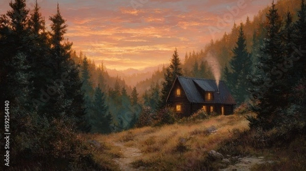 Fototapeta Cozy cabin nestled in peaceful forest at sunset with warm glowing windows