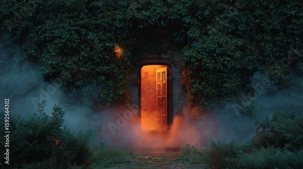 Fototapeta Mysterious doorway amidst ivy-covered wall with orange glow and misty atmosphere