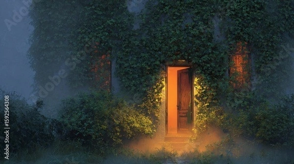 Fototapeta Mysterious glowing doorway in overgrown ivy-covered building at night