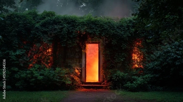 Fototapeta Mysterious glowing doorway surrounded by dense foliage at dusk