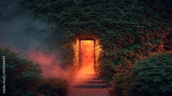 Fototapeta Mystical doorway with glowing light and smoke in ivy-covered wall at dusk
