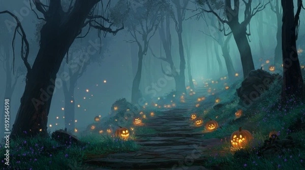 Fototapeta Mysterious forest path lit by glowing jack-o'-lanterns on a foggy night