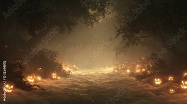 Fototapeta Mystical foggy halloween forest path with glowing jack-o'-lanterns