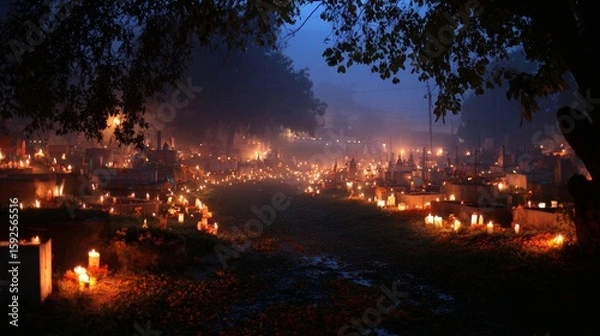 Fototapeta Nighttime cemetery scene with candlelit atmosphere and mystical glow under dark sky