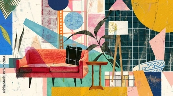 Obraz Abstract modern furniture mid-century collage interior scene with geometric shapes and textured background with paint splashes