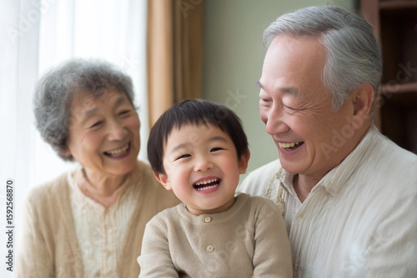 Obraz 笑顔で寄り添う祖父母と孫