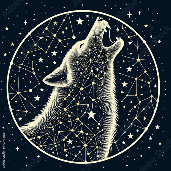 Obraz Stylized wolf howling at the starry night with constellation patterns