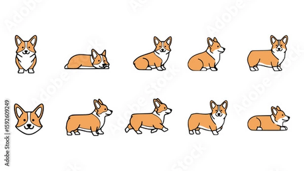 Fototapeta An assortment of cartoon Corgi dogs in various poses and expressions. The Corgis are illustrated with adorable features and unique color patterns