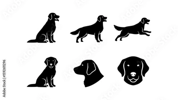 Fototapeta Silhouette of z retriever dog in various poses and expressions. This set of illustrations shows a canine in various postures, including sitting, standing, and running. Ideal for animal lovers.
