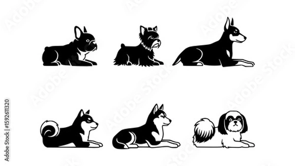 Fototapeta A diverse collection of six different breeds of dogs, each posed in a relaxed lying-down position