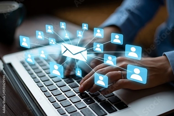 Fototapeta Person typing on laptop with email network overlay