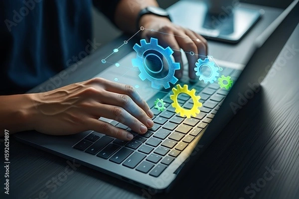 Fototapeta Person typing on laptop with gears graphic overlay