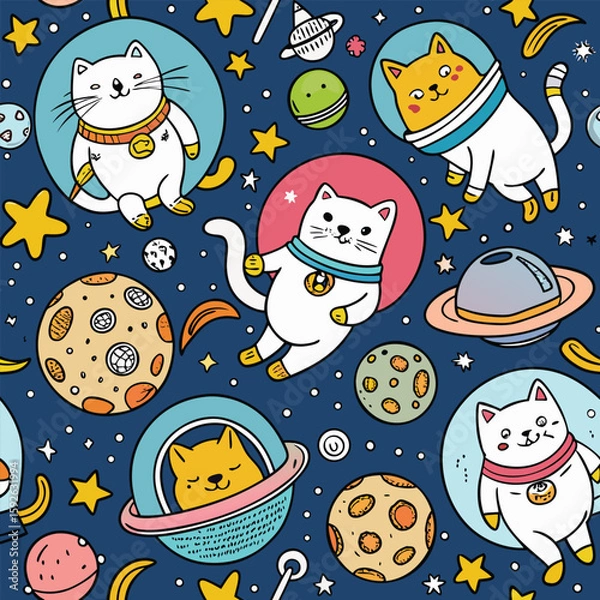 Fototapeta Cats in space handdrawn doodle seamless pattern with planets and stars playful whimsical galaxy cat astronaut cartoon illustration kids space theme