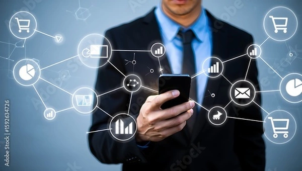 Fototapeta Man in suit using phone with connected network icons
