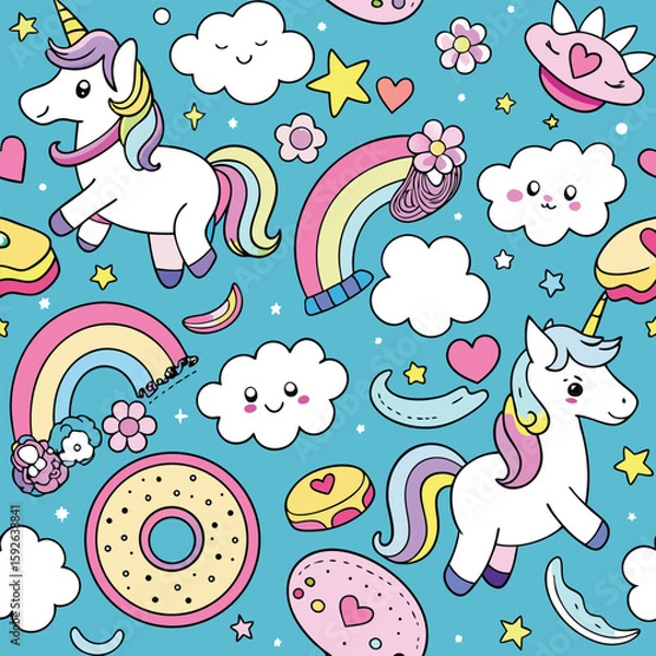 Fototapeta Whimsical unicorns and sweets handdrawn doodle seamless pattern cheerful childlike wallpaper fantasy elements background kawaii style unicorn design for kids
