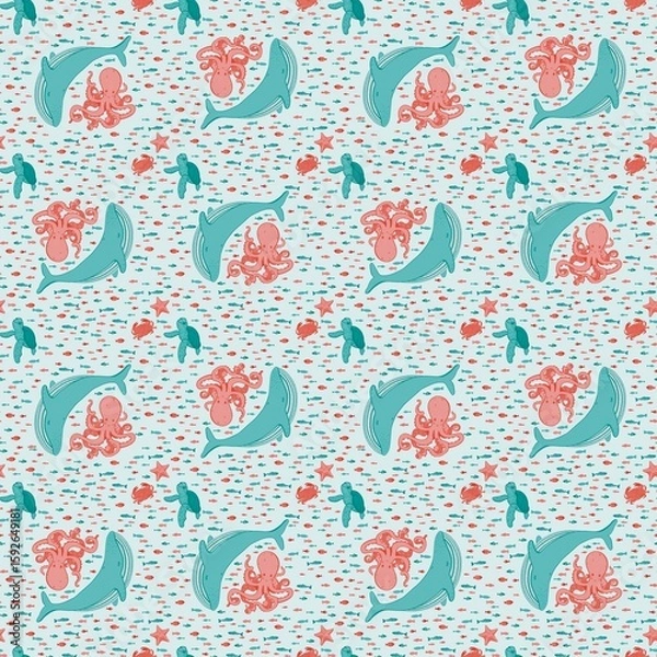 Fototapeta  Whale and octopus playfully swim in the ocean. Pattern with underwater animals.