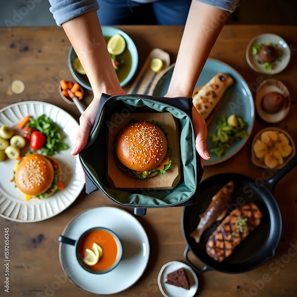 Fototapeta Top-Down View of Food Delivery Rider with Gourmet Meal Spread on Rustic Wooden Table