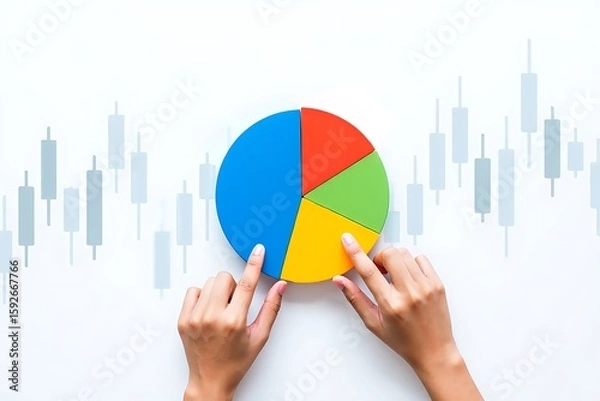 Fototapeta Hands touching a colorful pie chart on white table