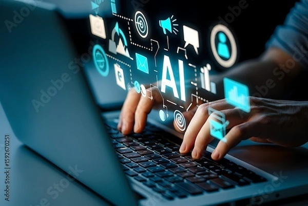 Fototapeta Hands typing on laptop with ai graphic overlaying