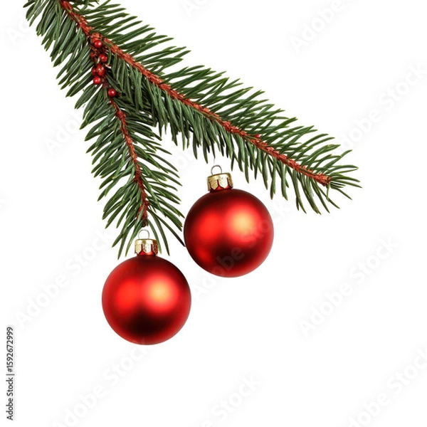 Obraz Fir tree branch with two red Christmas balls, Fir tree branch adorned with two shiny red Christmas ornaments, isolated on transparent background