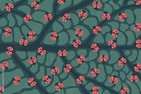 Obraz leaf texture vector wallpaper with ladybirds
