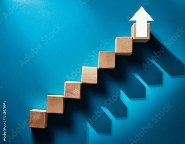 Fototapeta wooden blocks forming ascending stairs with a white upward arrow symbolizing growth progress and success in business or career