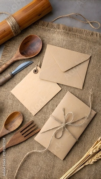 Fototapeta Rustic kraft envelopes and wooden utensils on burlap with wheat stalks