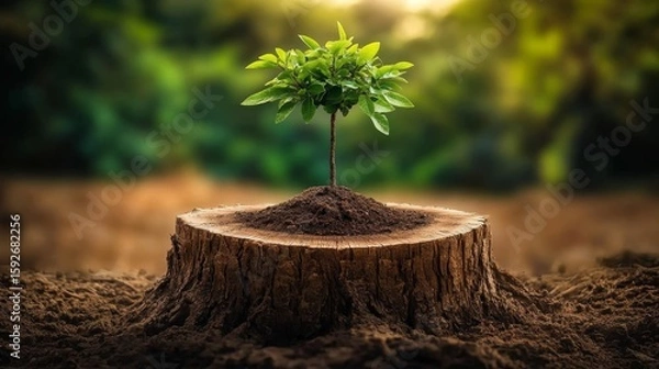 Fototapeta A young tree emerges from an old stump, illustrating resilience and rebirth.