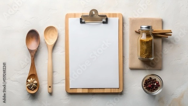 Fototapeta Empty recipe clipboard with wooden spoons and spices for culinary inspiration