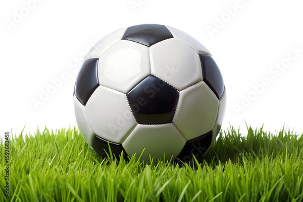 Fototapeta A classic black and white soccer ball resting on a patch of vibrant green grass, ready for a game isolated on transparent background