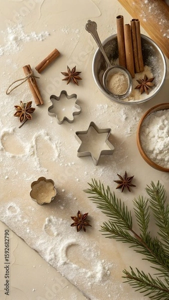 Fototapeta Christmas baking ingredients and tools spread out on a lightly floured surface